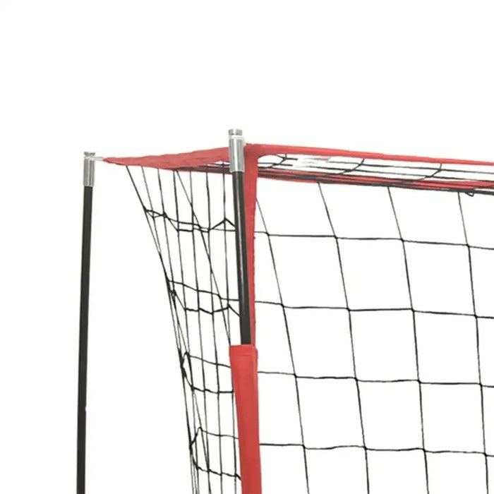 Corner view of foldable portable football goal with red frame and black net