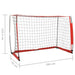 Foldable portable football goal with red frame, black net, and size dimensions 184x124.5 cm
