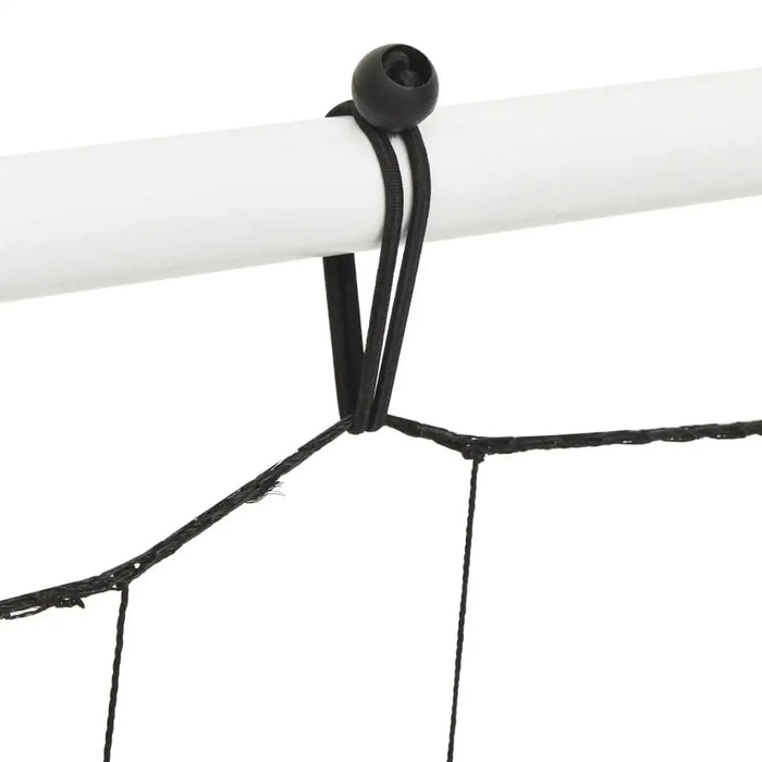 Close-up of a black PE net attached to a white steel frame with a bungee cord for a football net rebounder.