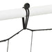 Close-up of a black PE net attached to a white steel frame with a bungee cord for a football net rebounder.