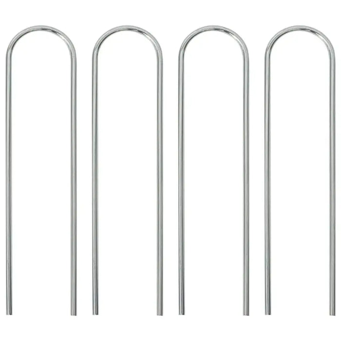 Set of four silver steel U-shaped ground stakes on white background