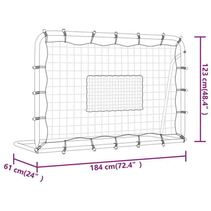Football net rebounder with steel frame, PE net, and dimensions 184x123x61 cm labeled
