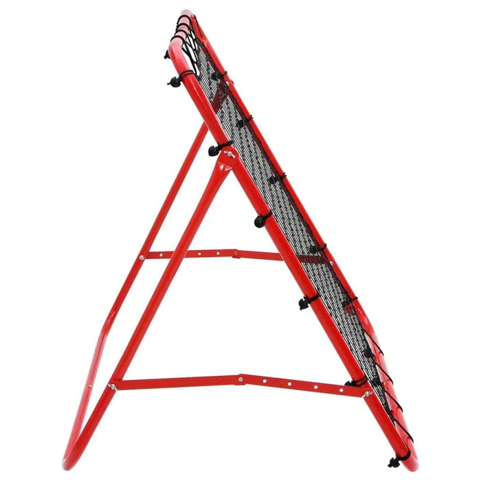 Red steel frame football rebounder with adjustable angles on white background