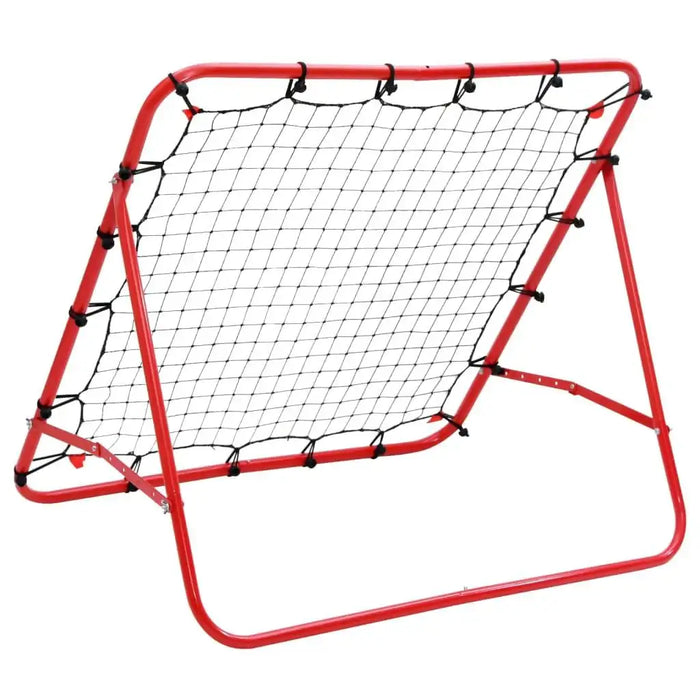 Football rebounder with red steel frame and net, adjustable angles, on white background