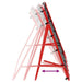 Adjustable red steel football rebounder with net and multi-angle settings on white background