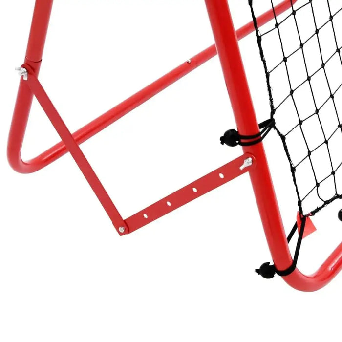 Red steel football rebounder frame with net and adjustable angle brackets