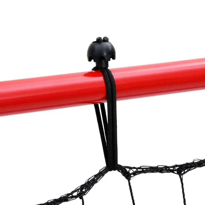 Close-up of black net attached to red steel football rebounder frame with adjustable clip