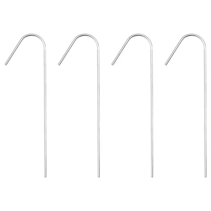 Set of four silver steel ground stakes on white background, football rebounder accessories