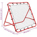 Red steel football rebounder 100x100cm with adjustable angles and net measurements shown