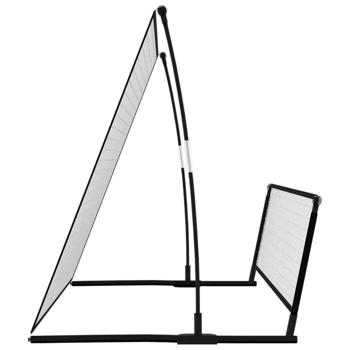 Football rebounder net with steel and fibreglass frame in a side view, white background