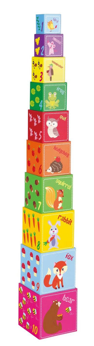 Colorful forest animal stacking cubes toy with numbers and cute cartoon animals