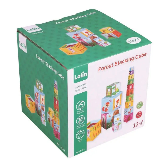 Lelin Forest Stacking Cube eco-friendly animal learning toy box with colorful illustrated cubes