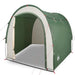 Green taffeta storage tent with arched roof and open entrance, Little and Giant Explorers
