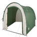 Green taffeta storage tent with open front, sturdy poles, and rope ties for outdoor use