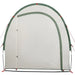 Green taffeta storage tent with arched frame and rope supports, outdoor equipment shelter