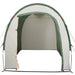 Green taffeta storage tent with open front, arched frame, and red tie-downs
