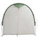 Green taffeta storage tent with arched top and red tie-down ropes, front view