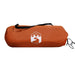 Orange camping tent bag with mountain logo and black strap on white background