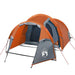 Grey and orange 3-person taffeta camping tent with vestibule and logo, set up on white background.