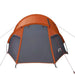 Grey and orange 3-person camping tent with taffeta fabric and logo, pitched on white