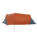 Grey and orange taffeta camping tent for 3 persons, pitched on white background