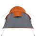 Grey and orange taffeta 3-person camping tent with guy lines, front view
