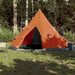 Grey and orange taffeta camping tent for 4 persons set up outdoors on grass