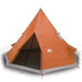 Orange and grey taffeta 4-person camping tent with open entrance and guy lines, on white background.