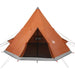 Grey and orange taffeta camping tent for 4 persons with open entrance on white background