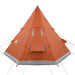 Orange and grey 4-person taffeta camping tent with window and logo, isolated on white