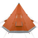 Grey and orange taffeta 4-person camping tent with triangular design and guy lines