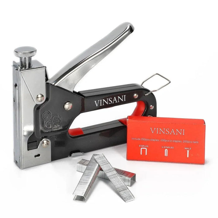 Vinsani heavy duty industrial staple gun with red staples box and loose staples.