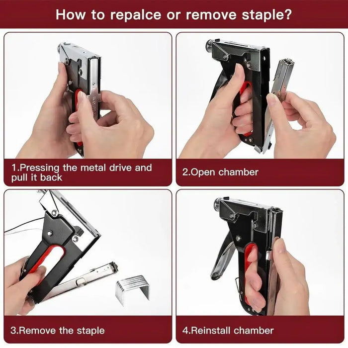 Heavy duty staple gun step-by-step guide for loading staples, with hands and tool close-up.