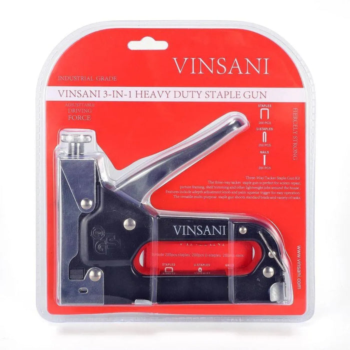 Vinsani 3-in-1 heavy duty staple gun in retail packaging with 600 staples visible.