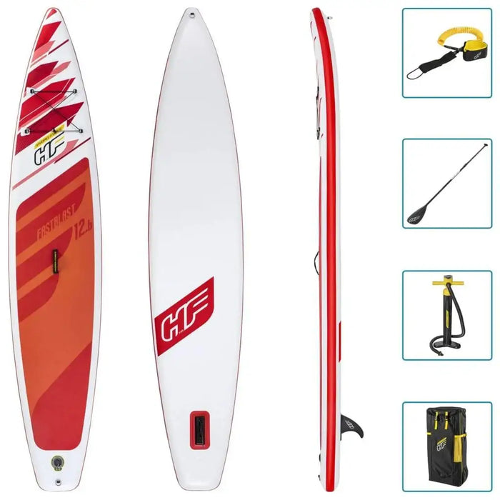 Inflatable SUP set with red and white paddle board, paddle, pump, leash, and carry bag