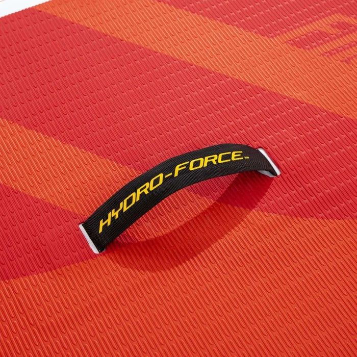Hydro-Force Fastblast Tech inflatable SUP handle on textured red paddle board surface