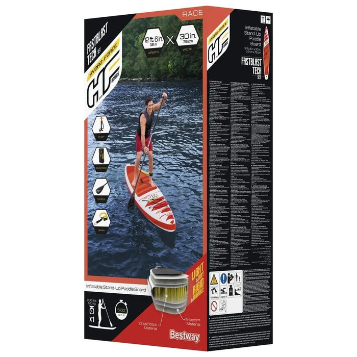Bestway Hydro-Force inflatable stand-up paddle board packaging with man paddling on water