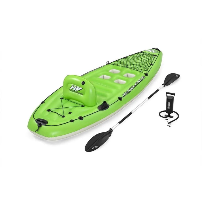 Green Hydro-Force inflatable kayak with paddle, pump, carry bag, and cargo net