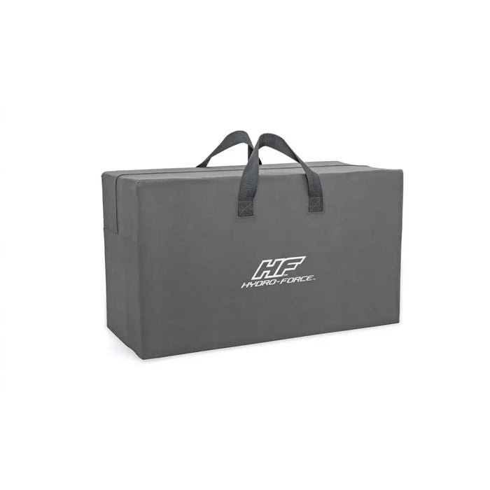 Hydro-Force inflatable kayak carry bag, gray with logo and handles, on white background