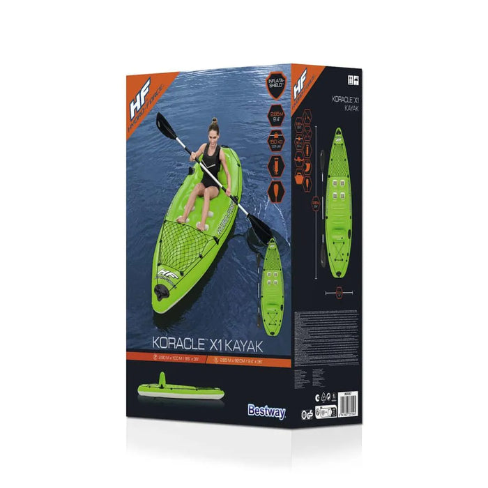 Hydro-Force inflatable kayak Koracle X1 package with image of a person paddling on water