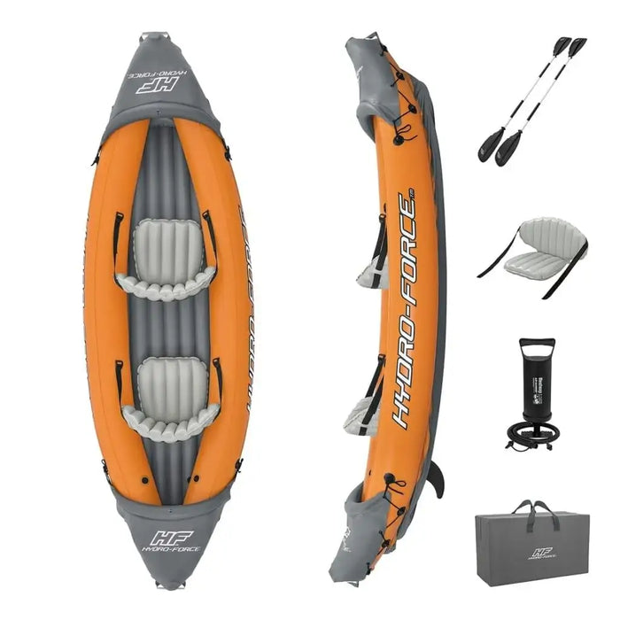 Hydro-Force Rapid X2 orange inflatable kayak set with paddles, pump, seats, and carry bag