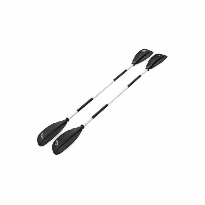 Pair of black and white kayak paddles for inflatable kayak on white background