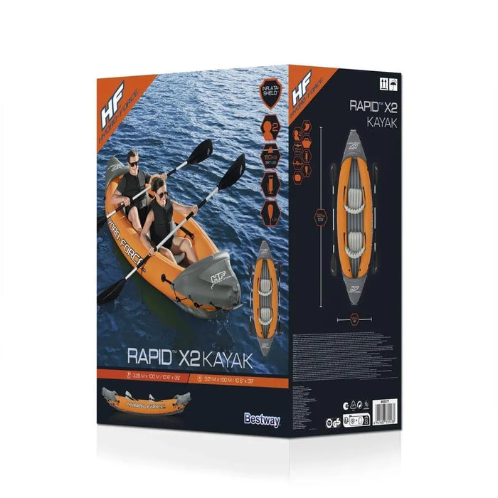 Hydro-Force Rapid X2 inflatable 2-person kayak set in orange on product packaging