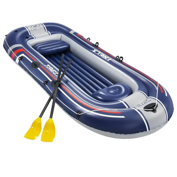 Hydro-Force Treck X3 blue inflatable boat for 3 people with yellow paddles on white background