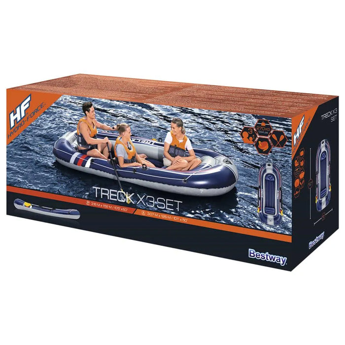 Hydro-Force Treck X3 inflatable boat set box showing three people with oars on water