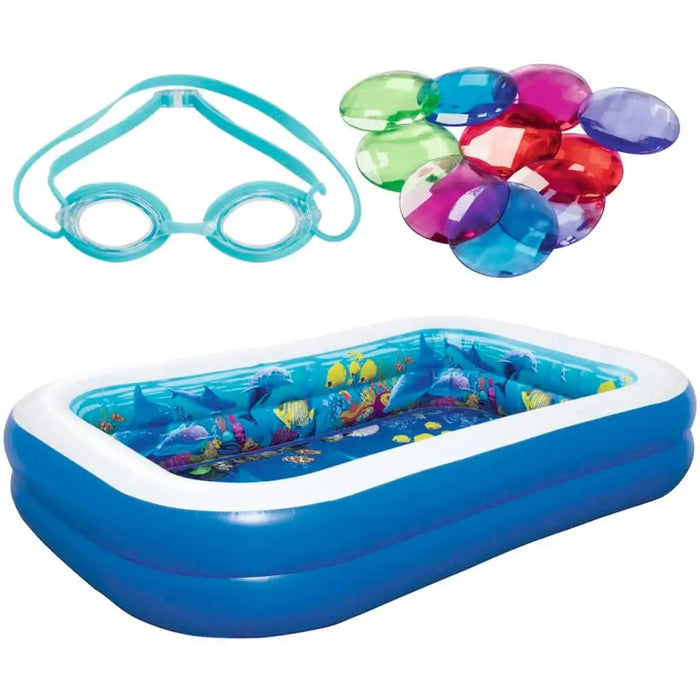 Inflatable 3D undersea adventure pool with ocean print, kids goggles, colorful crystals
