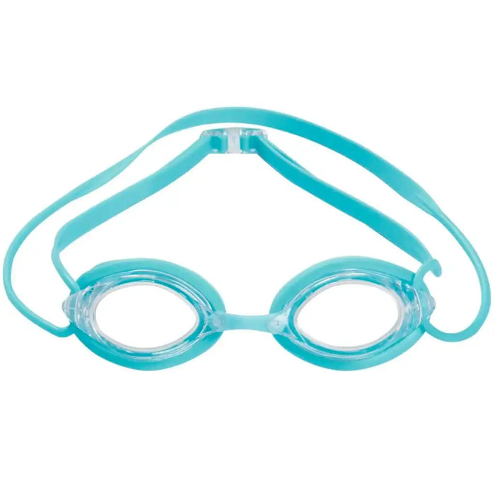 Blue swimming goggles with clear lenses and adjustable strap on white background