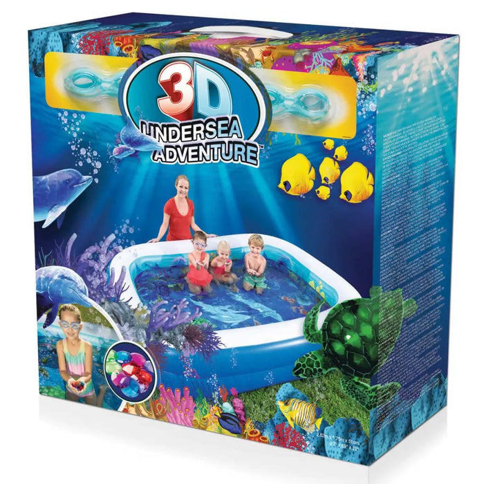 3D Undersea Adventure inflatable pool box with ocean graphics, kids, goggles, crystals, sea animals