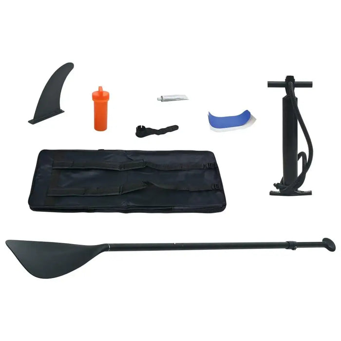 SUP accessories set with paddle, fin, pump, carry bag, repair kit, and leash on white background