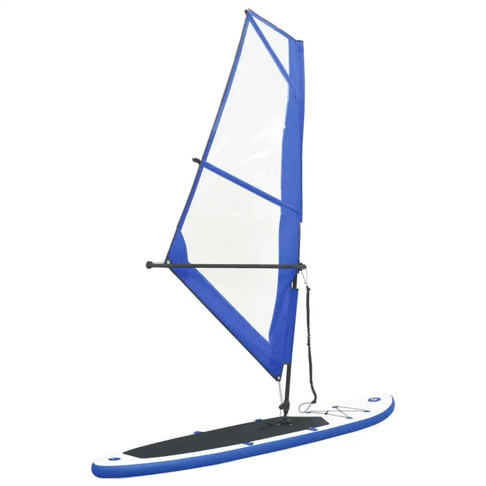 Inflatable blue SUP board with attached sail, isolated on white background